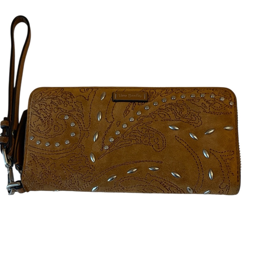 Vera Bradley leather studded wallet with removable wristlet strap, brown